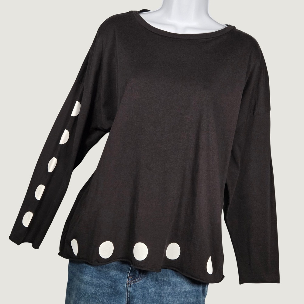 Planet by Lauren G Women OS Long Sleeve Polka Dot Top Black Pima Cotton